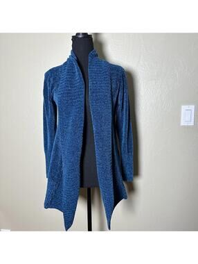 Y2K Blue Teal Small Chenille Open-Front Cardigan Cozy Lounge Layering Sweater